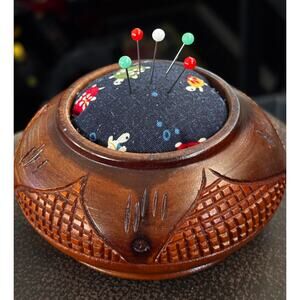 Engraved wooden Pin Cushion with Vintage Turtle material used.